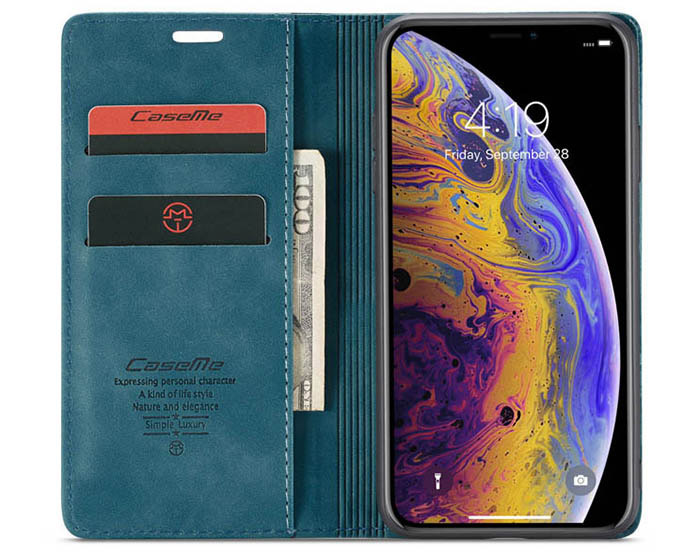 CaseMe iPhone XS Retro Wallet Kickstand Magnetic Flip Leather Case