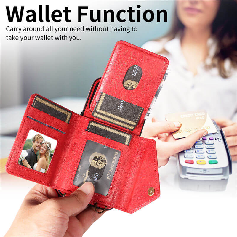 Wallet Kickstand Litchi Texture Leather Phone Case with Shoulder Strap