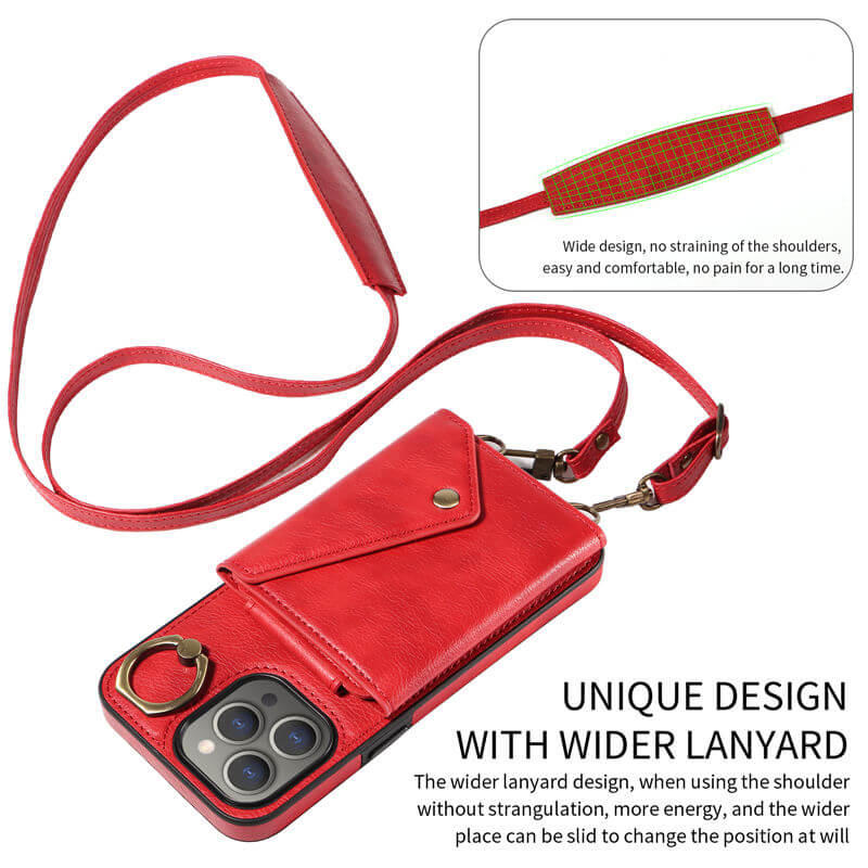 Wallet Kickstand Litchi Texture Leather Phone Case with Shoulder Strap