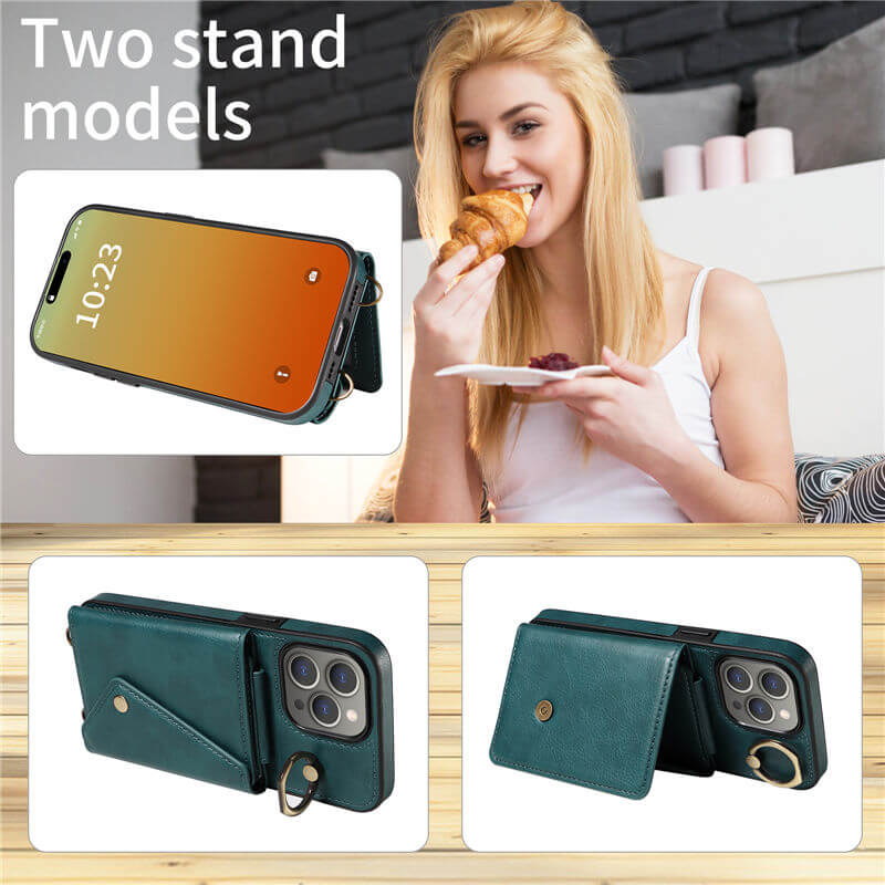 Wallet Kickstand Litchi Texture Leather Phone Case with Shoulder Strap