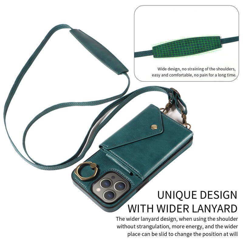 Wallet Kickstand Litchi Texture Leather Phone Case with Shoulder Strap