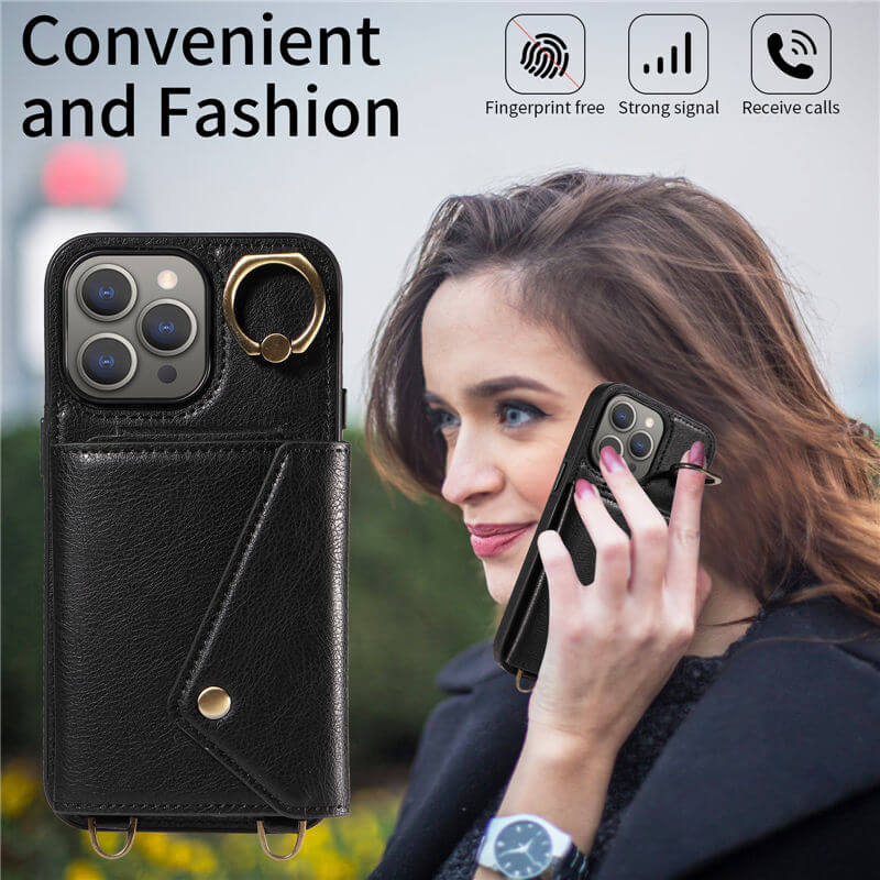 Wallet Kickstand Litchi Texture Leather Phone Case with Shoulder Strap