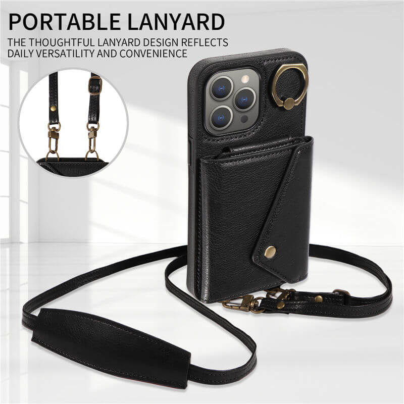 Wallet Kickstand Litchi Texture Leather Phone Case with Shoulder Strap