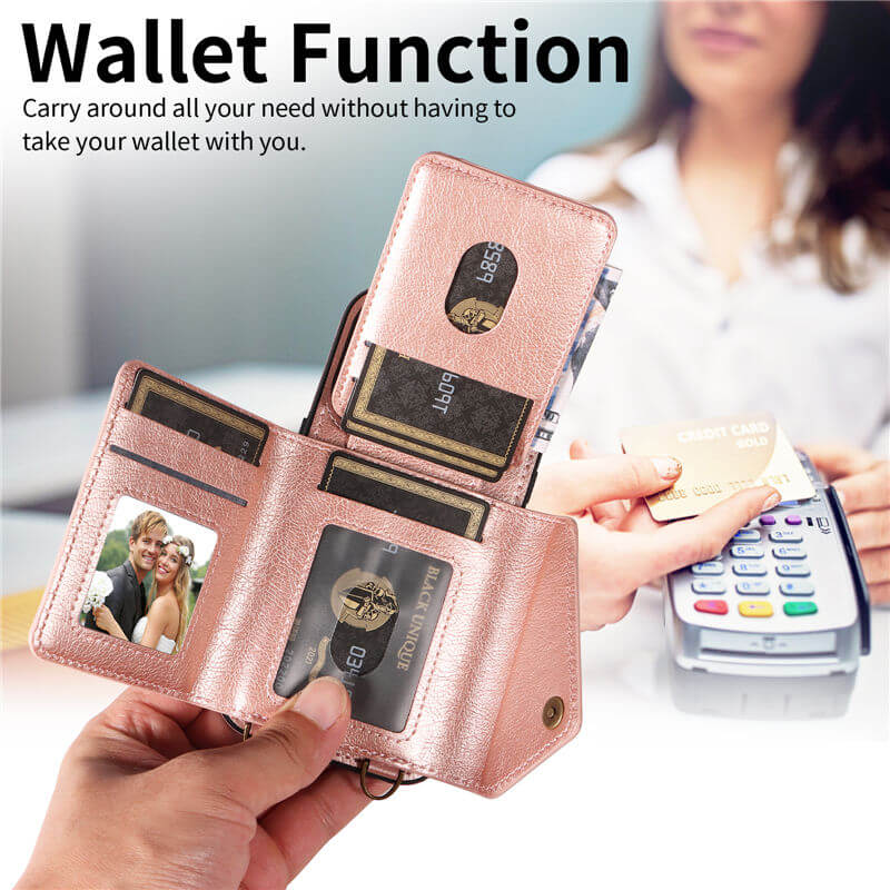 Wallet Kickstand Litchi Texture Leather Phone Case with Shoulder Strap