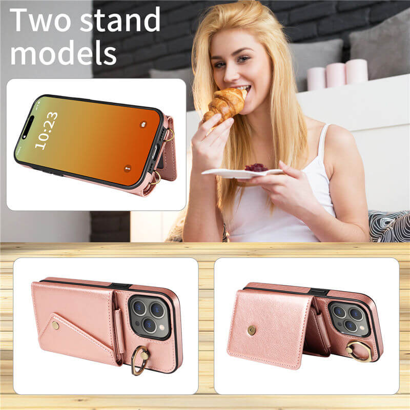 Wallet Kickstand Litchi Texture Leather Phone Case with Shoulder Strap