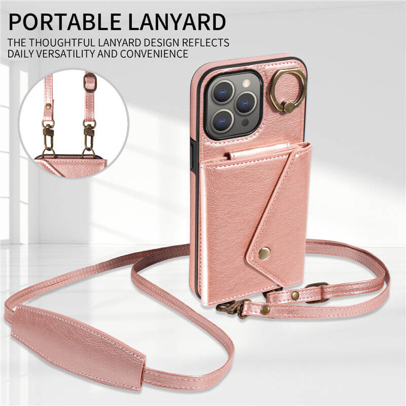 Wallet Kickstand Litchi Texture Leather Phone Case with Shoulder Strap