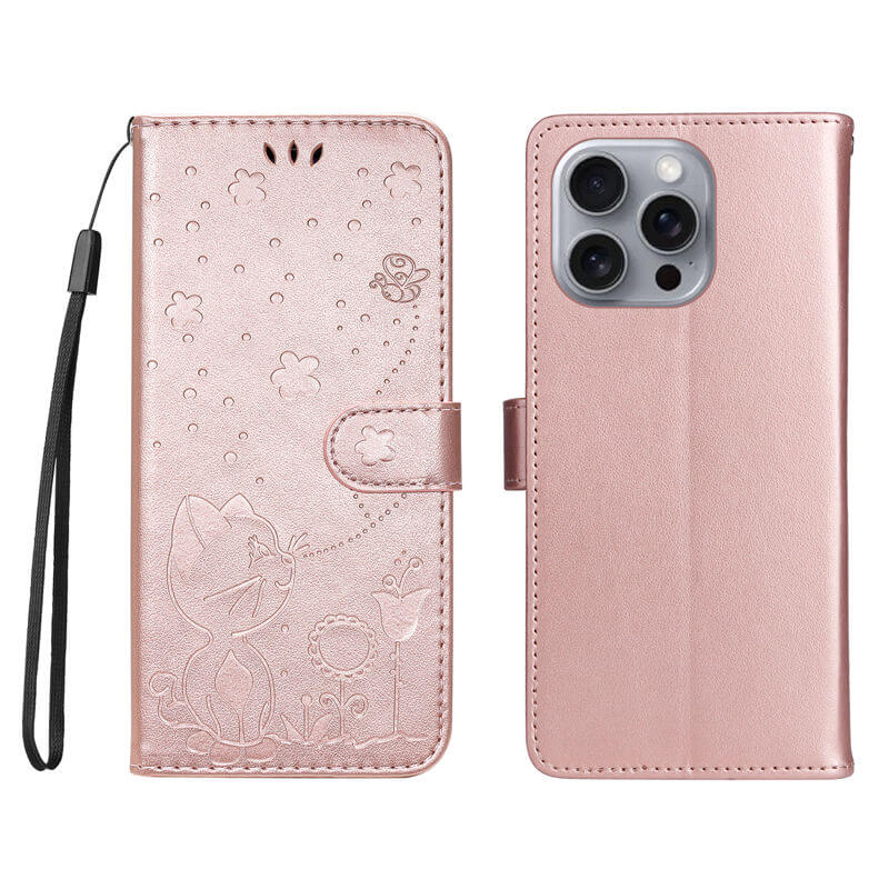 For iPhone 16 Pro Max Cat Bee Embossed Pattern Wallet Case