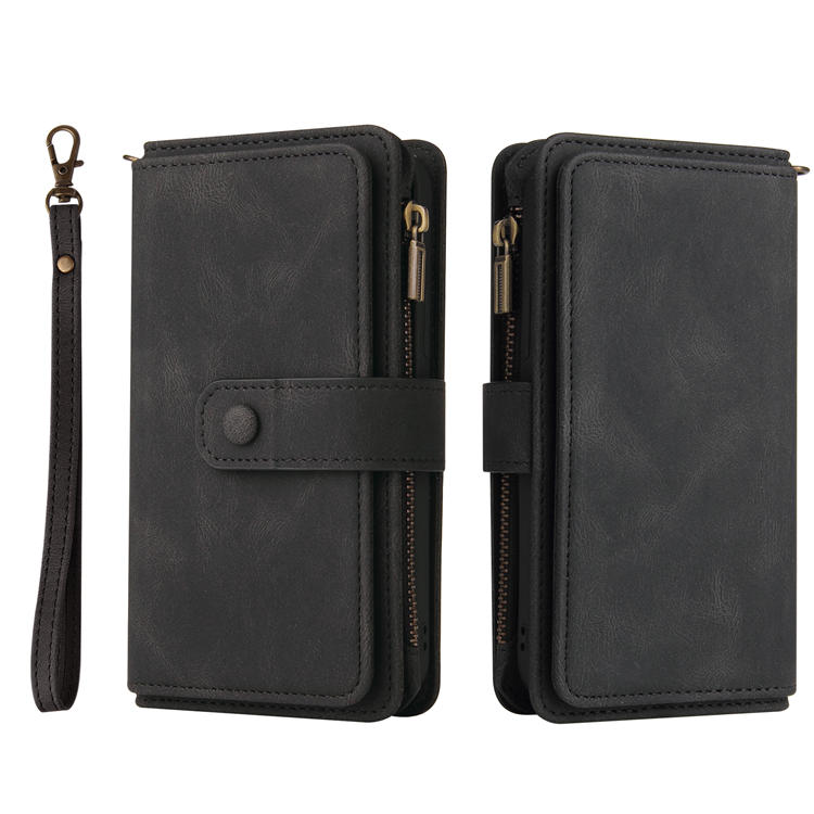 For Samsung Galaxy S21 Wallet 15 Card Slots Case with Wrist Strap Black