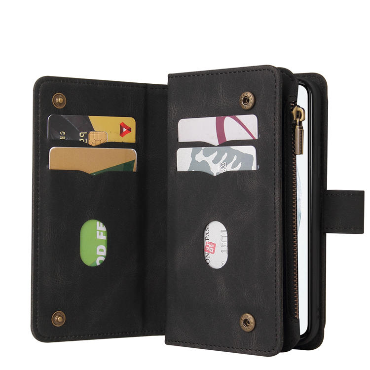 For Samsung Galaxy S21 Wallet 15 Card Slots Case with Wrist Strap Black