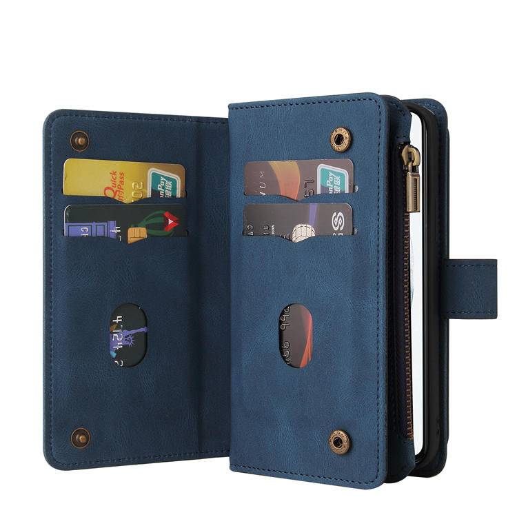 For Samsung Galaxy S21 Wallet 15 Card Slots Case with Wrist Strap Blue