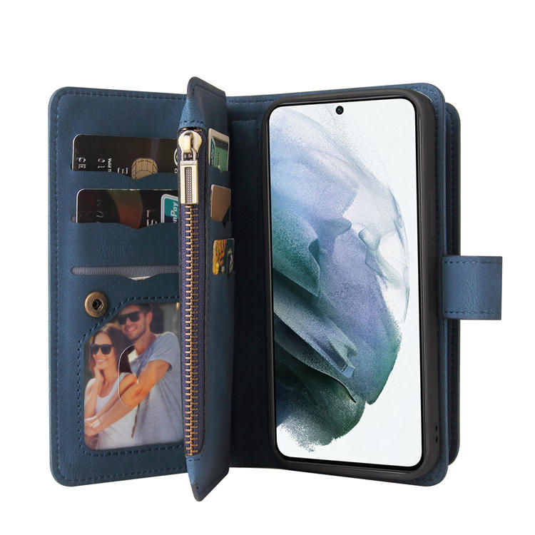 For Samsung Galaxy S21 Wallet 15 Card Slots Case with Wrist Strap Blue