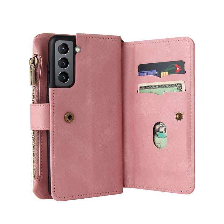 For Samsung Galaxy S21 Wallet 15 Card Slots Case with Wrist Strap Pink