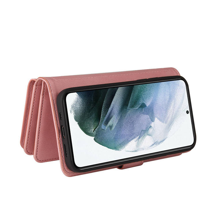 For Samsung Galaxy S21 Wallet 15 Card Slots Case with Wrist Strap Pink