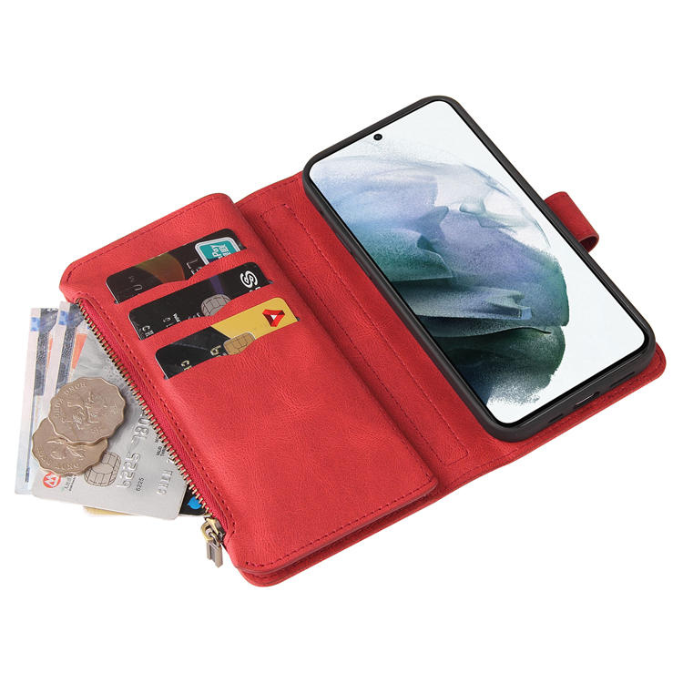 For Samsung Galaxy S21 Wallet 15 Card Slots Case with Wrist Strap Red