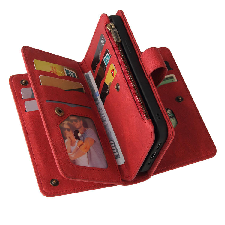 For Samsung Galaxy S21 Wallet 15 Card Slots Case with Wrist Strap Red