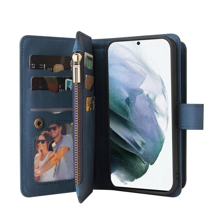 For Samsung Galaxy S21 Plus Wallet 15 Card Slots Case with Wrist Strap Blue