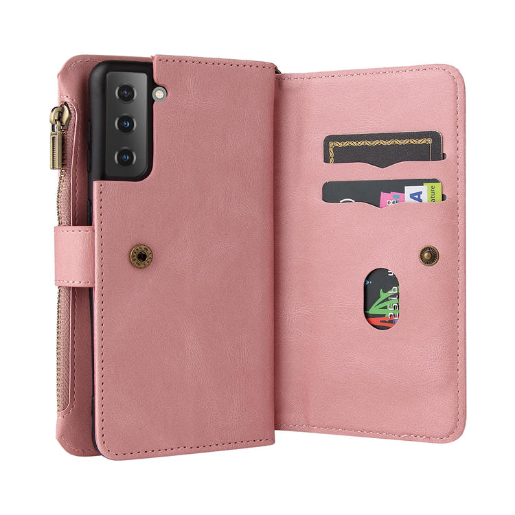 For Samsung Galaxy S21 Plus Wallet 15 Card Slots Case with Wrist Strap Pink
