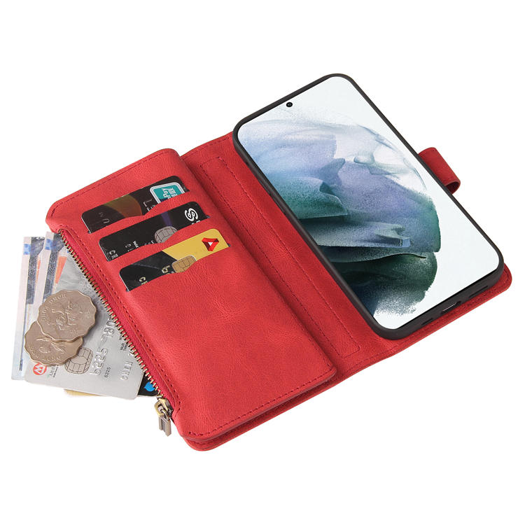 For Samsung Galaxy S21 Plus Wallet 15 Card Slots Case with Wrist Strap Red