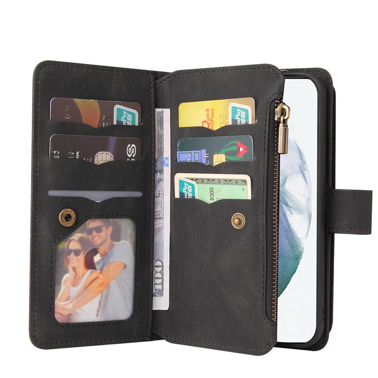 Samsung Galaxy S22 Wallet 15 Card Slots Case with Wrist Strap Black