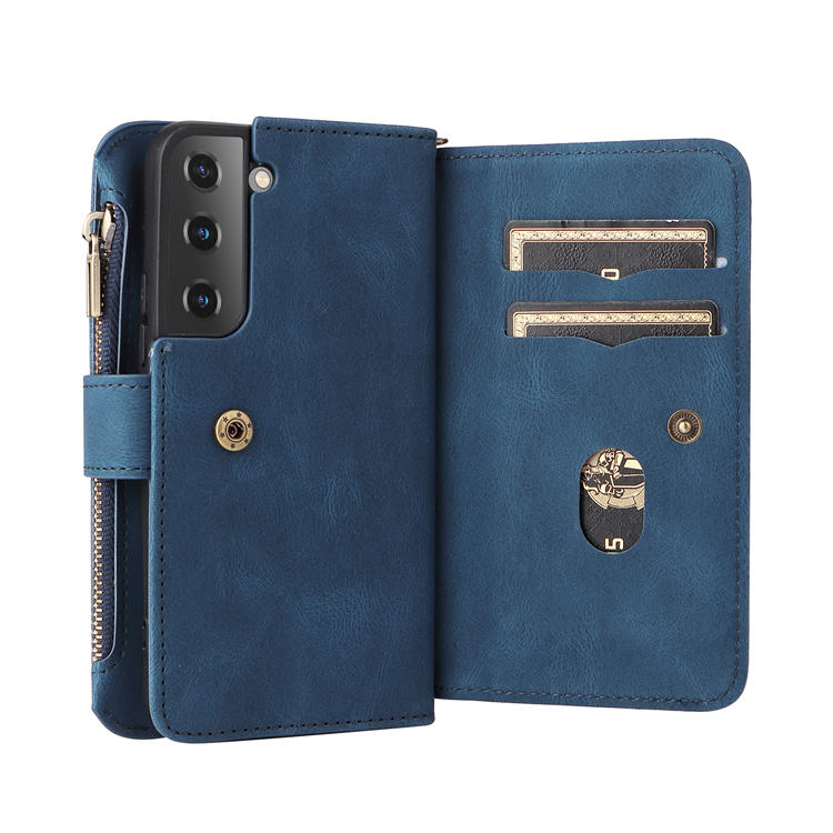 Samsung Galaxy S22 Wallet 15 Card Slots Case with Wrist Strap Blue