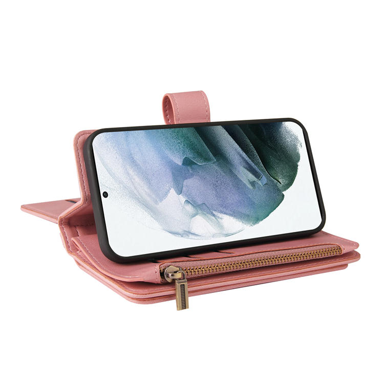 Samsung Galaxy S22 Wallet 15 Card Slots Case with Wrist Strap Pink