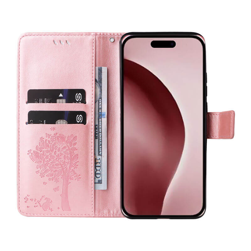 For iPhone 16 Pro Cat Tree Embossed Pattern Wallet Case