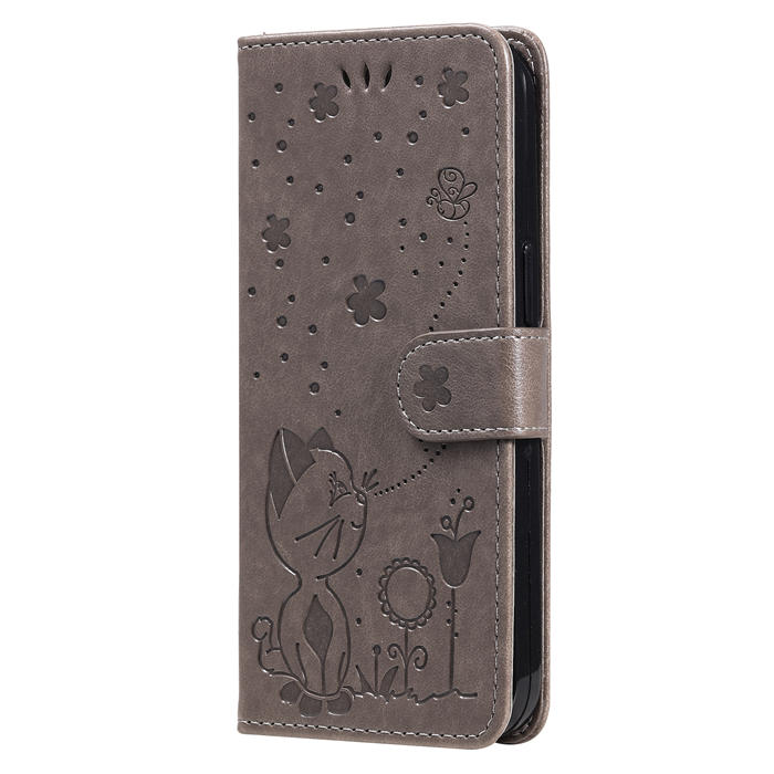 Embossing Bee and Cat Leather Wallet Magnetic Kickstand Case