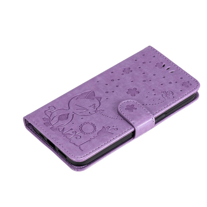 Embossing Bee and Cat Leather Wallet Magnetic Kickstand Case