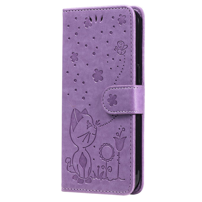 Embossing Bee and Cat Leather Wallet Magnetic Kickstand Case