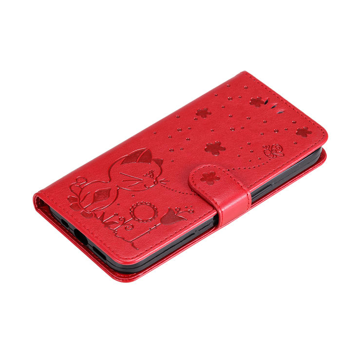 Embossing Bee and Cat Leather Wallet Magnetic Kickstand Case