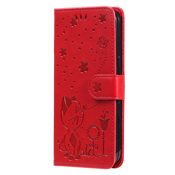 Embossing Bee and Cat Leather Wallet Magnetic Kickstand Case