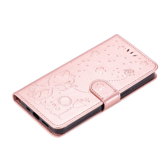 Embossing Bee and Cat Leather Wallet Magnetic Kickstand Case