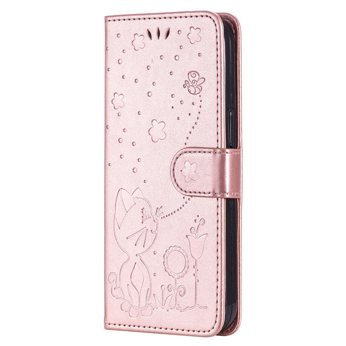 Embossing Bee and Cat Leather Wallet Magnetic Kickstand Case