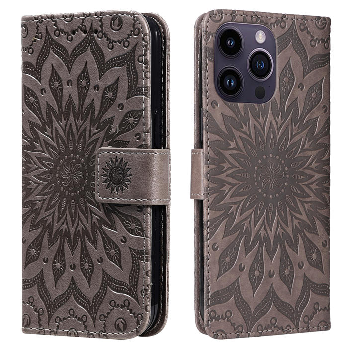 Embossed Sunflower Leather Wallet Magnetic Kickstand Phone Case