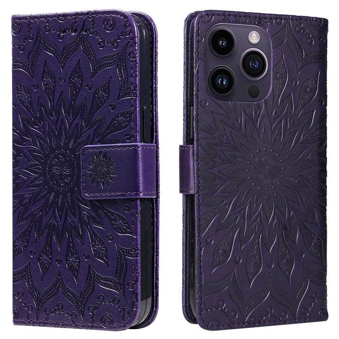 Embossed Sunflower Leather Wallet Magnetic Kickstand Phone Case