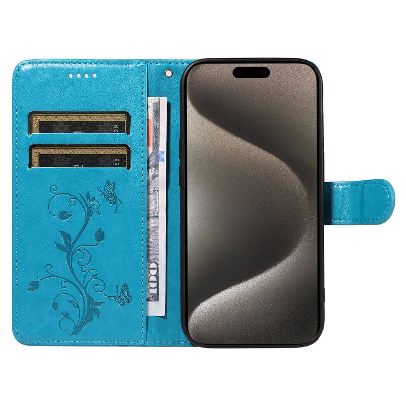 Embossed Flower Butterfly Wallet Stand Phone Case