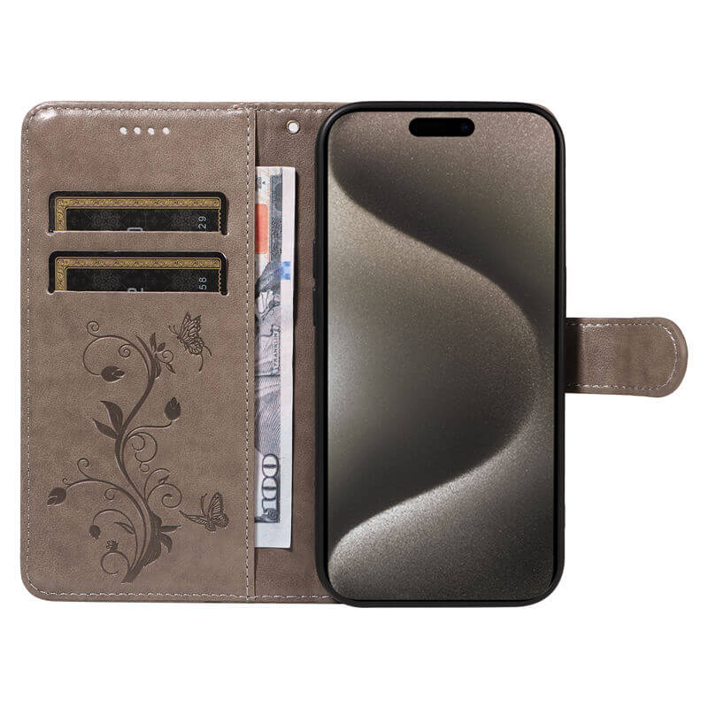 Embossed Flower Butterfly Wallet Stand Phone Case