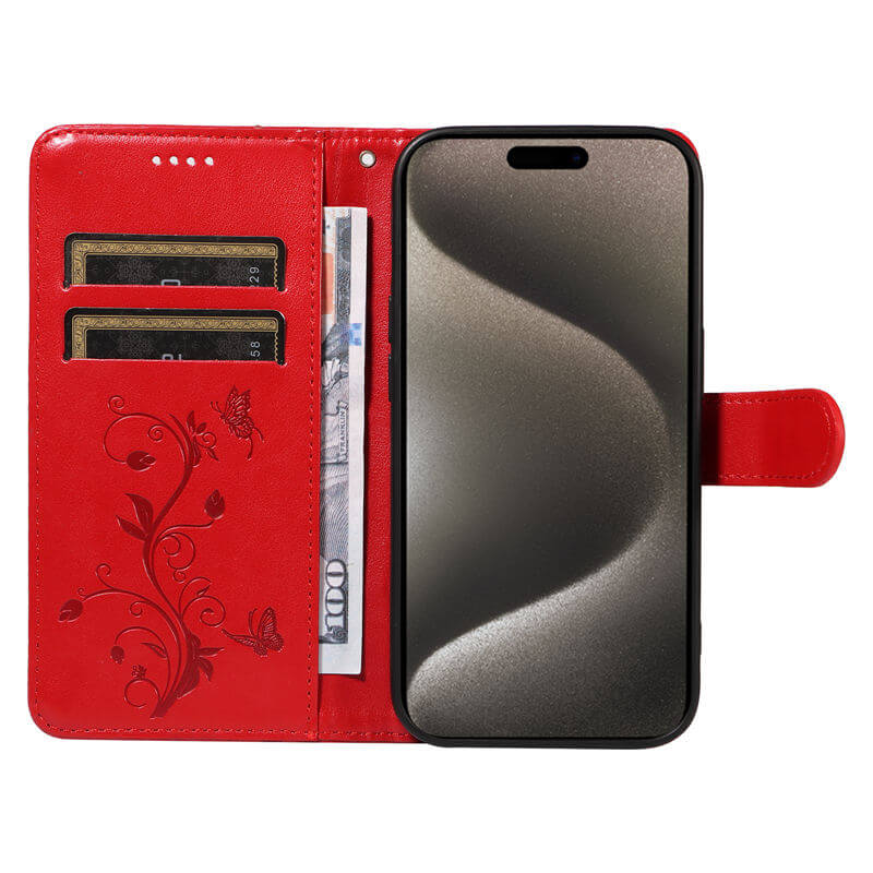 Embossed Flower Butterfly Wallet Stand Phone Case