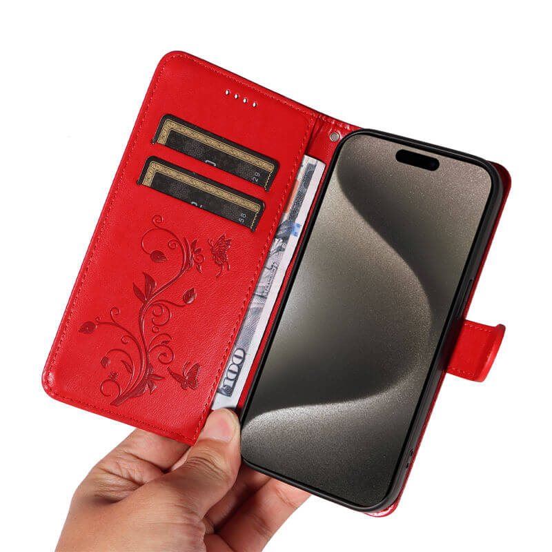 Embossed Flower Butterfly Wallet Stand Phone Case