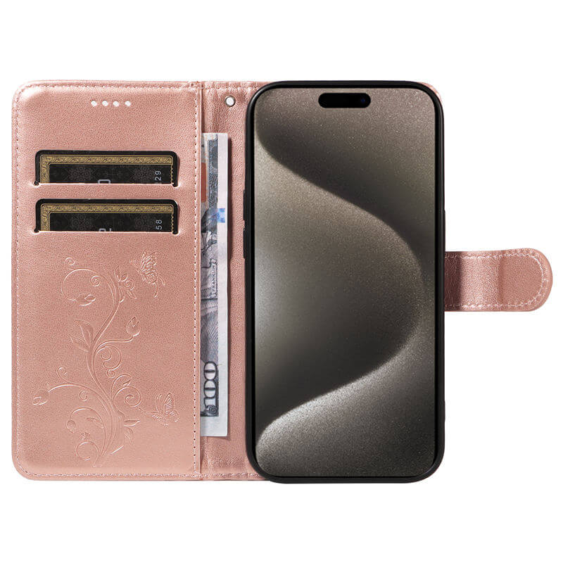 Embossed Flower Butterfly Wallet Stand Phone Case