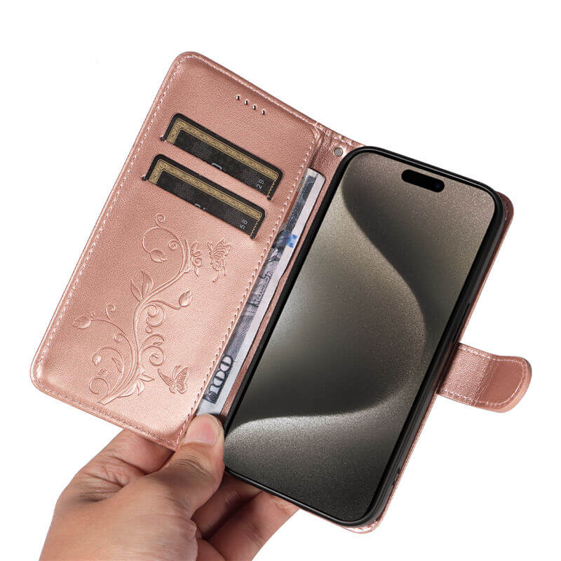 Embossed Flower Butterfly Wallet Stand Phone Case