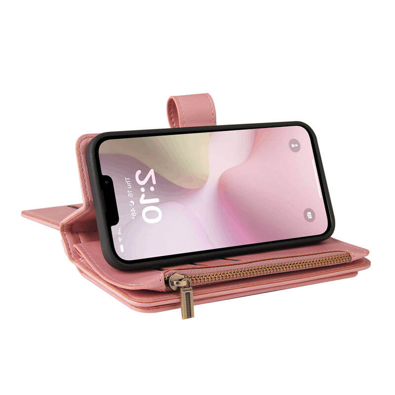 For iPhone 16e Wallet 15 Card Slots Leather Case with Wrist Strap