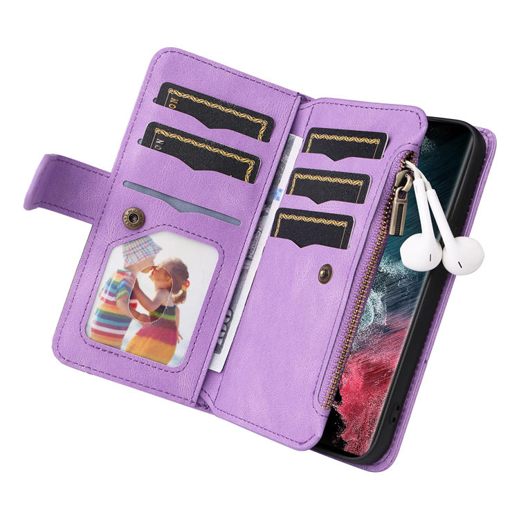 Samsung Galaxy S22 Ultra Zipper Wallet Magnetic Stand Case Purple