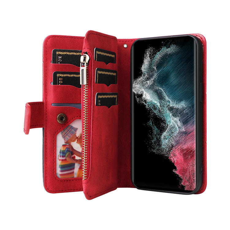 Samsung Galaxy S22 Ultra Zipper Wallet Magnetic Stand Case Red