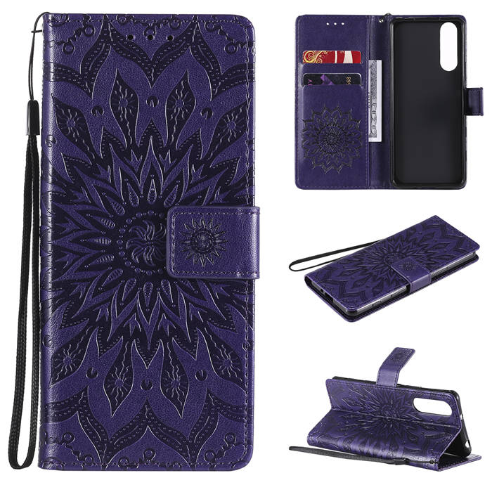 Sony Xperia 5 II Embossed Sunflower Wallet Magnetic Stand Case Purple