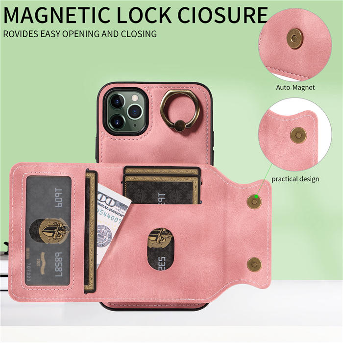 For iPhone 11 Pro Max Card Holder Ring Kickstand Magnetic Closure Case