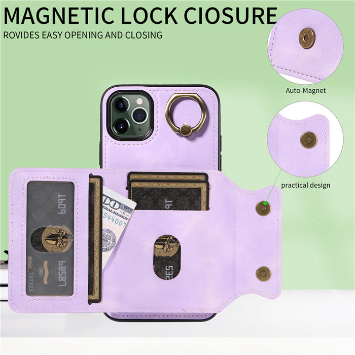 For iPhone 11 Pro Max Card Holder Ring Kickstand Magnetic Closure Case