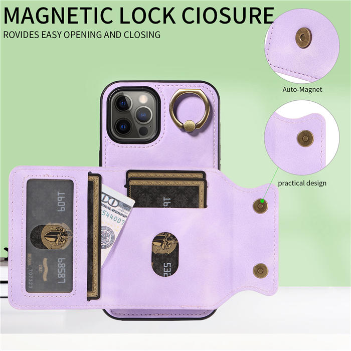 For iPhone 12 Pro Max Card Holder Ring Kickstand Magnetic Closure Case