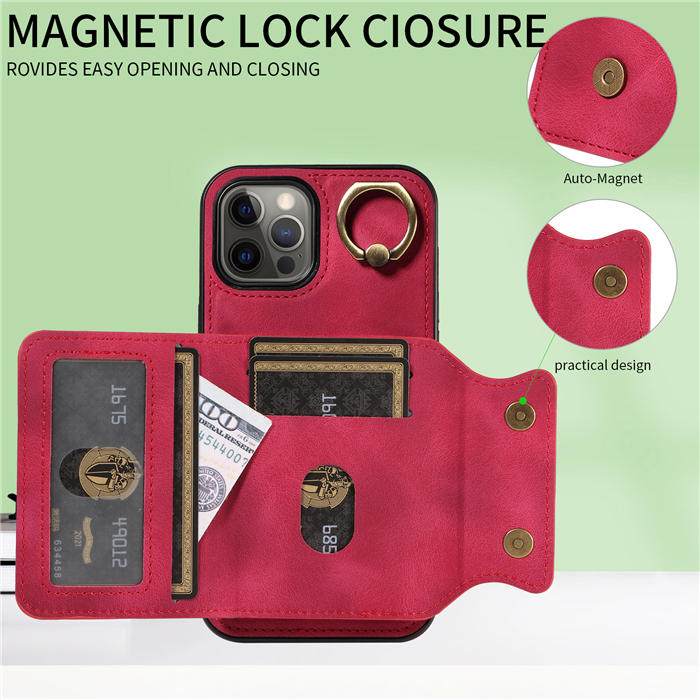 For iPhone 12 Pro Max Card Holder Ring Kickstand Magnetic Closure Case