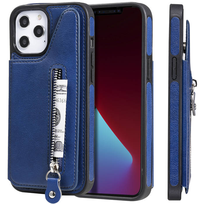 iPhone 12 Pro Max Zipper Pocket Card Slots Magnetic Clasp Stand Case Blue